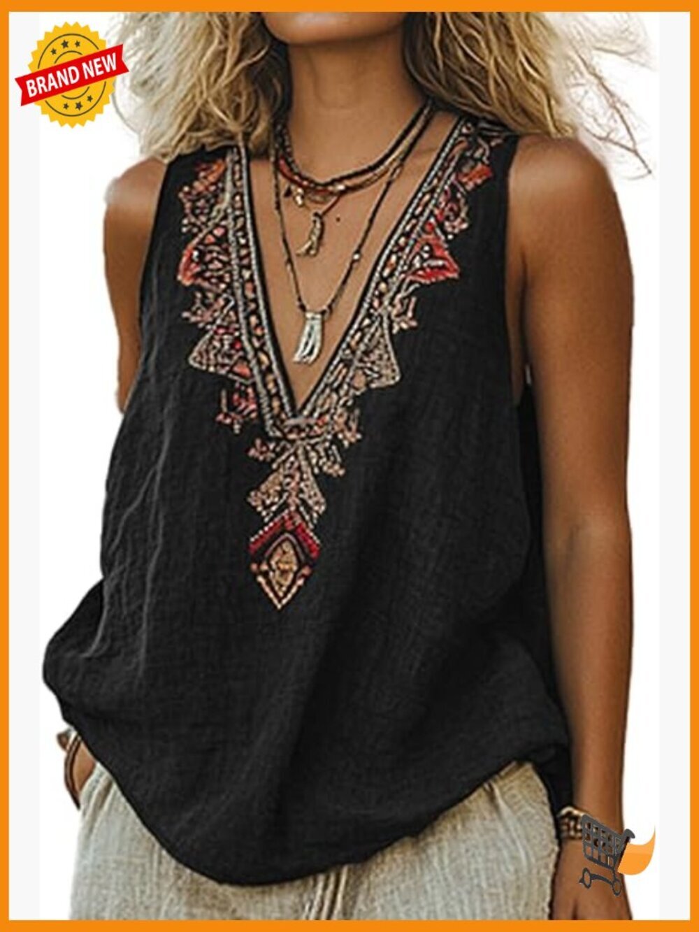 Sleeveless V Neck Embroidered Boho Linen Peasant Tank Top Casual Summer